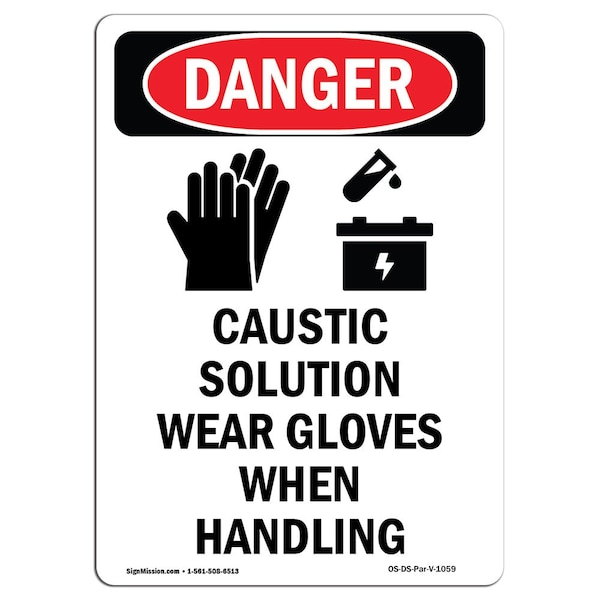 Safety Sign, OSHA Danger, 24" Height, Aluminum, Caustic Solution Wear, Portrait
